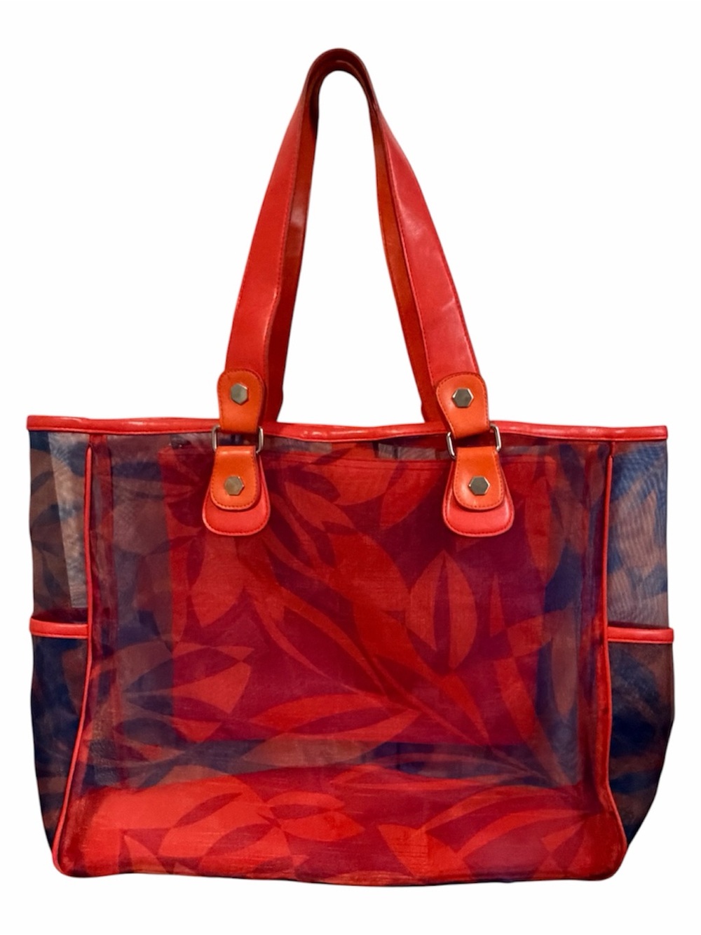 Bath & Body Works Orange & Navy Leaf-Print Mesh Beach Tote